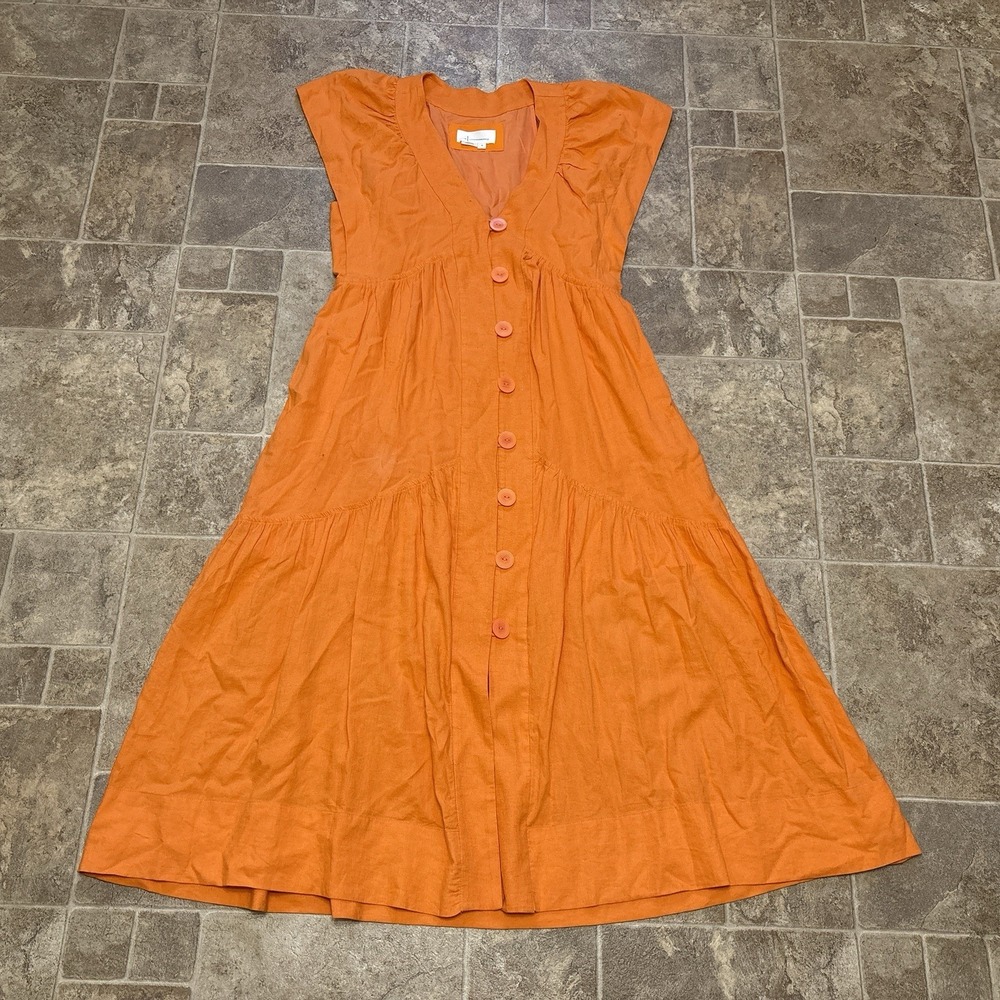 By Anthropologie The Renee Midi Dress M Flutter Sleeve Orange Linen Blend Flowy